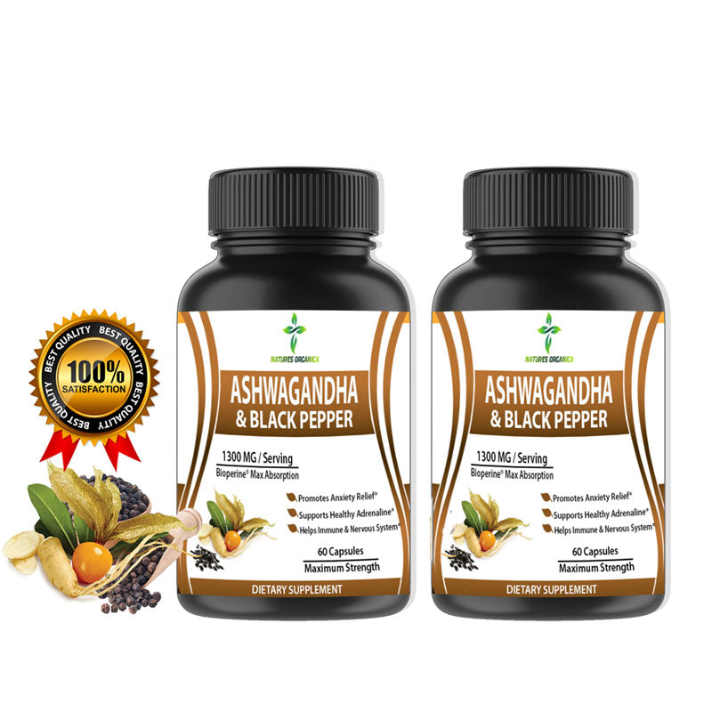 2 bottles Organic Ashwagandha 1300mg Serving Black Pepper Boosts Immunity Men's  Wellness 60caps/bottle